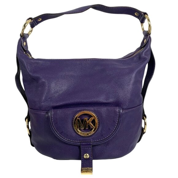 MICHAEL Michael Kors Fulton Large Purple Leather Shoulder Handbag Belted Sides - Picture 1 of 16